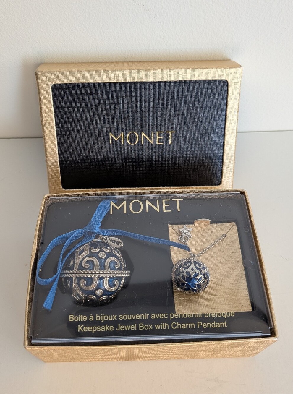MONET enamel Filigree Ornament Keepsake Jewel Box Charm Pendant Necklace Gift